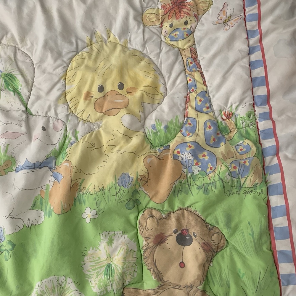 VTG Little Suzy's Zoo Duck Bunny Giraffe Crib Quilt Ruffle Gerber